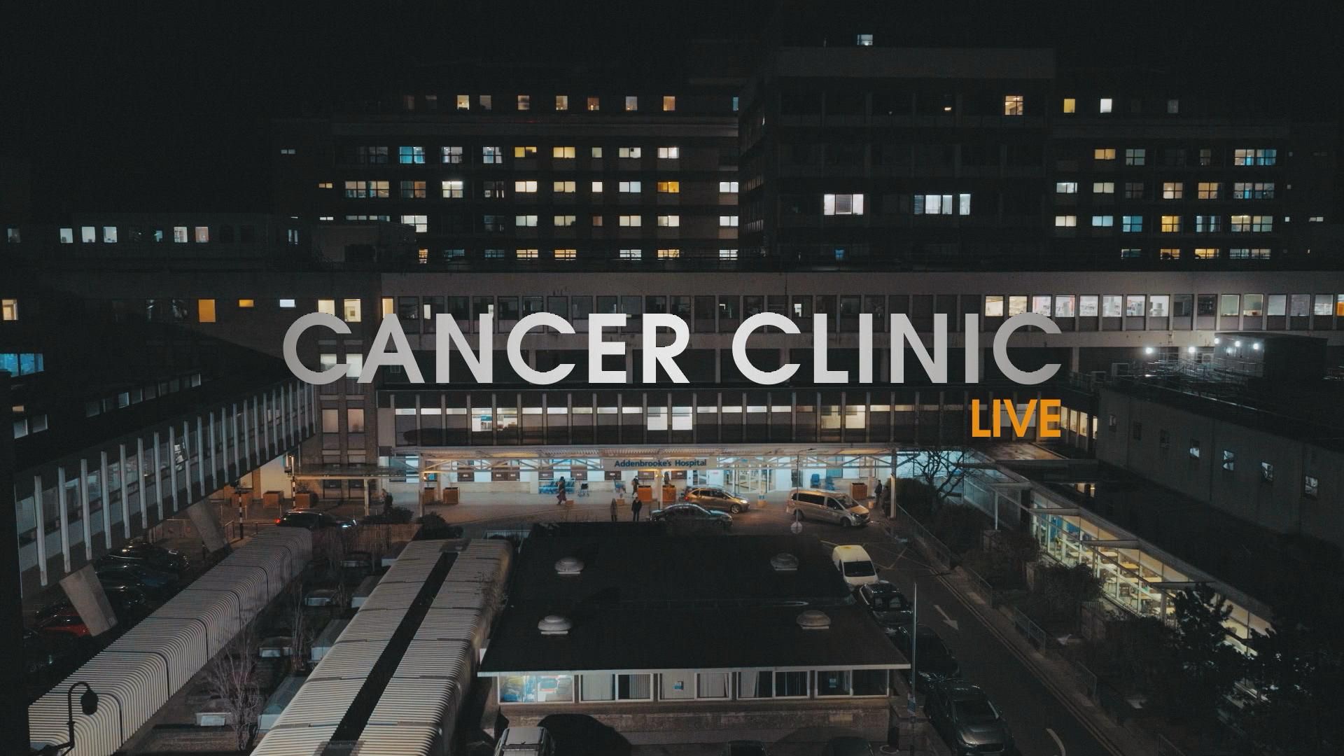 Cancer Clinic Live programme artwork showing Addenbrooke’s Hospital